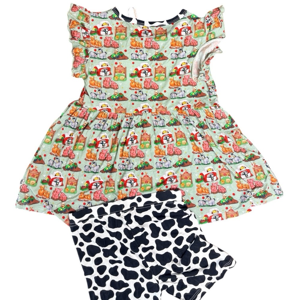 NWT Riley Grace Bamboo Farm Animal Dress Cow Print Shorts Set Girls 7/8 - Picture 2 of 3